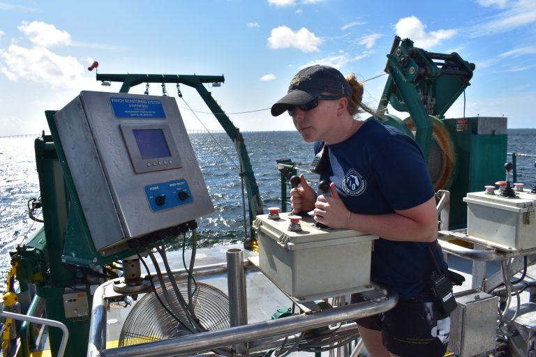 Engineer operating the winch on the R/V Weatherbird II